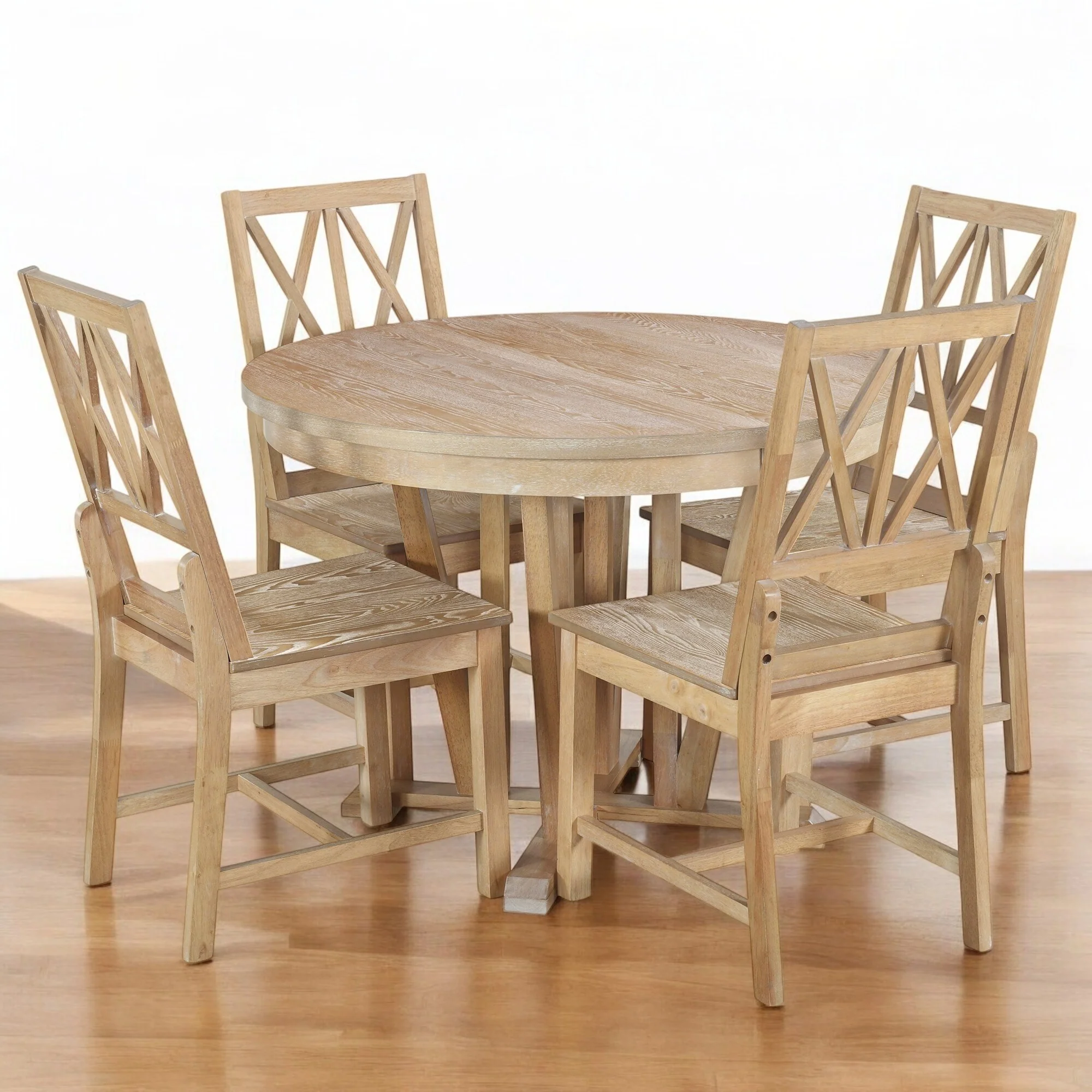 5-Piece Solid Wood Extendable Round Dining Table Set with Removable Leaf and 4 Cross Back Chairs for Kitchen or Dining Room