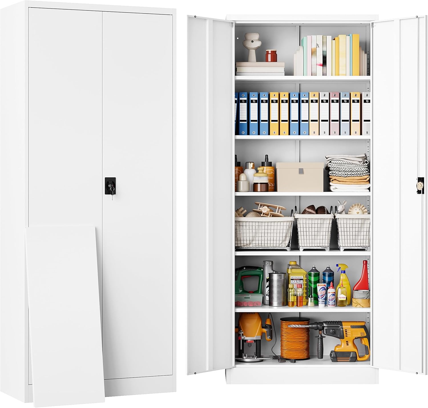 SISESOL White Metal Storage Cabinet with 5 Adjustable Shelves,71 Tall Metal Cabinet with Locking Doors,Steel Cabinet with Lock,Lockable Storage Cabinets for Home,Office,Kitchen,Laundry,Pantry