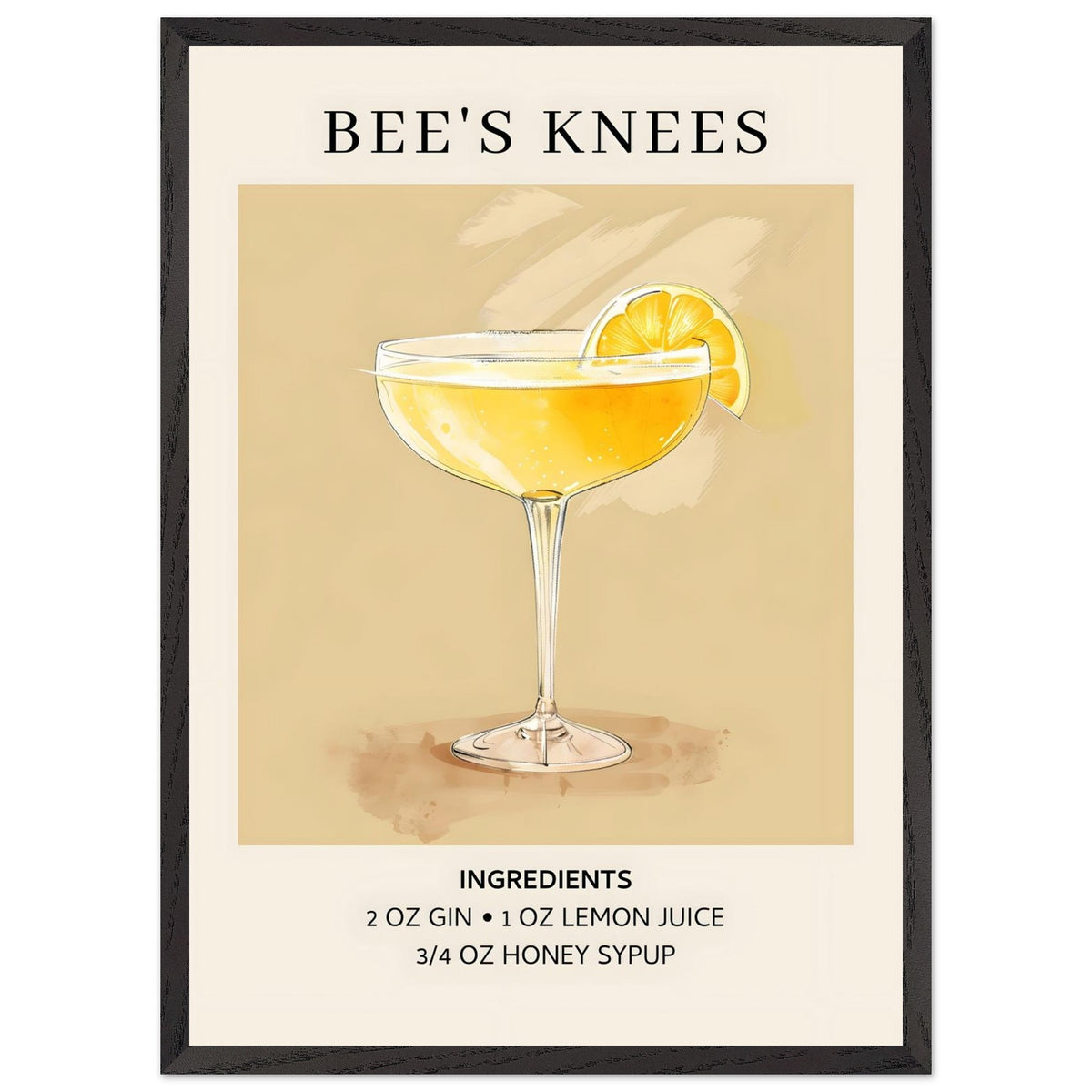 Artfulprints Poster met Lijst Bee's Knees cocktail - Ingrediënten  - 50x70 cm - Geel