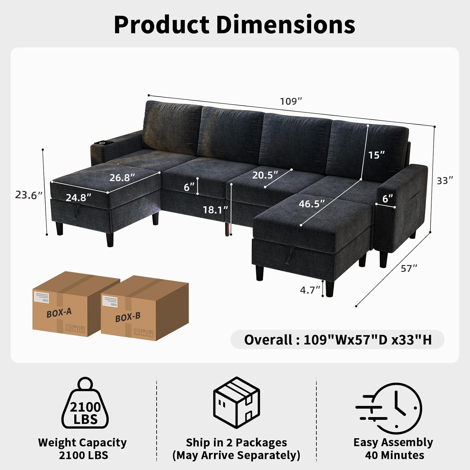Sectional Couches for Living Room, 6 Seat Chenille Sectional Sofa with Smart Module-Wireless Charging/USB/Type-C/RGB Light, U Shaped Couch with 2 Movable Storage Ottomans (Dark Grey)