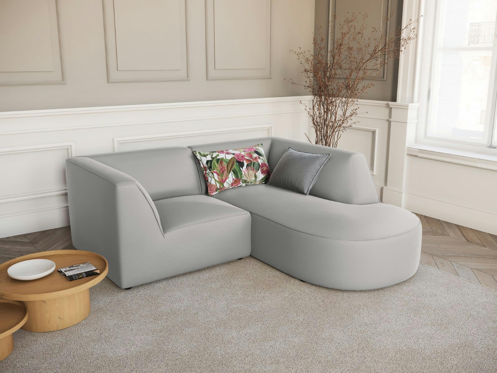 CHARLES - Canapé D'Angle Droit 3 places en Velours Gris Clair