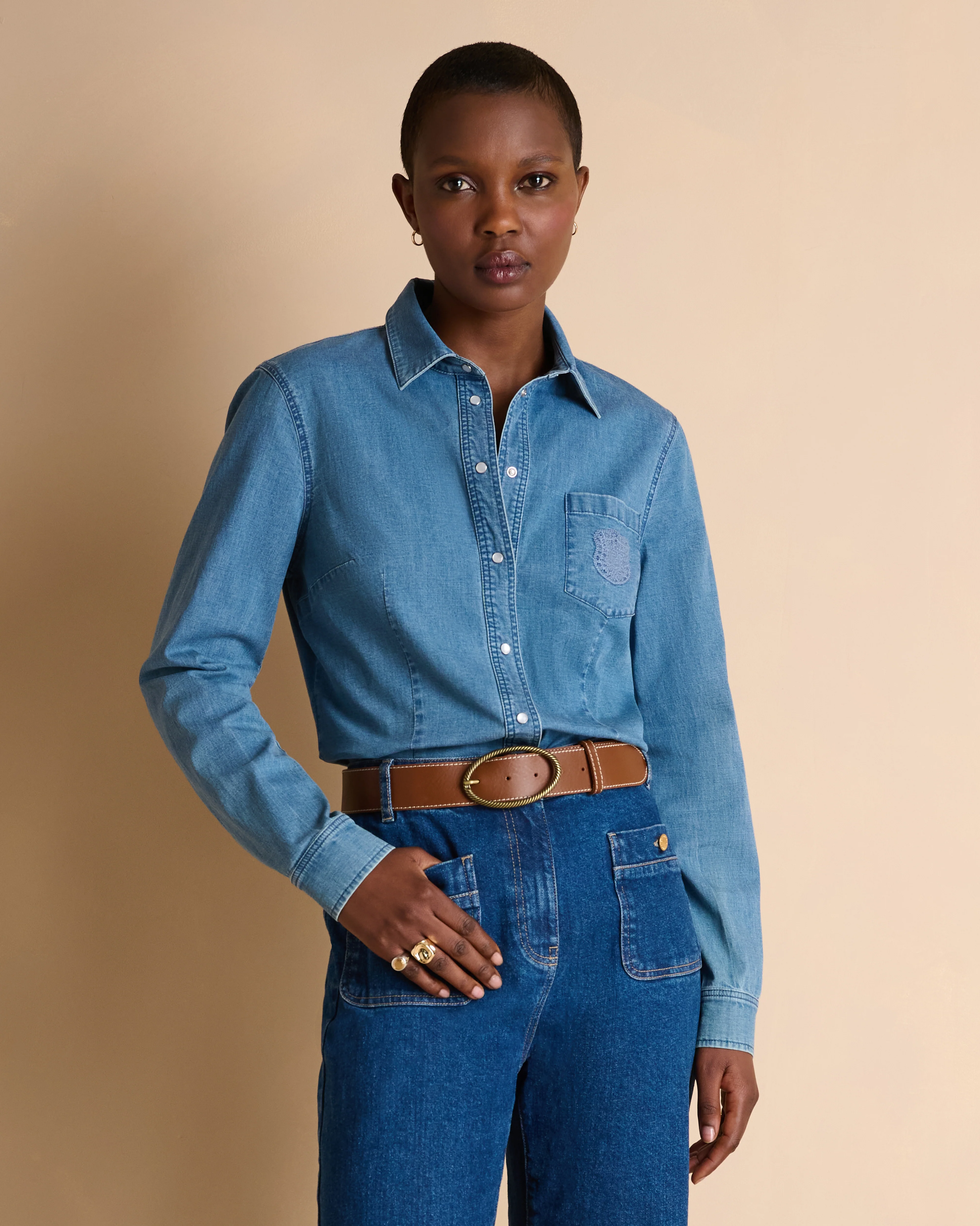 Chemise bleue en jean manches longues CALVI14/14068/301