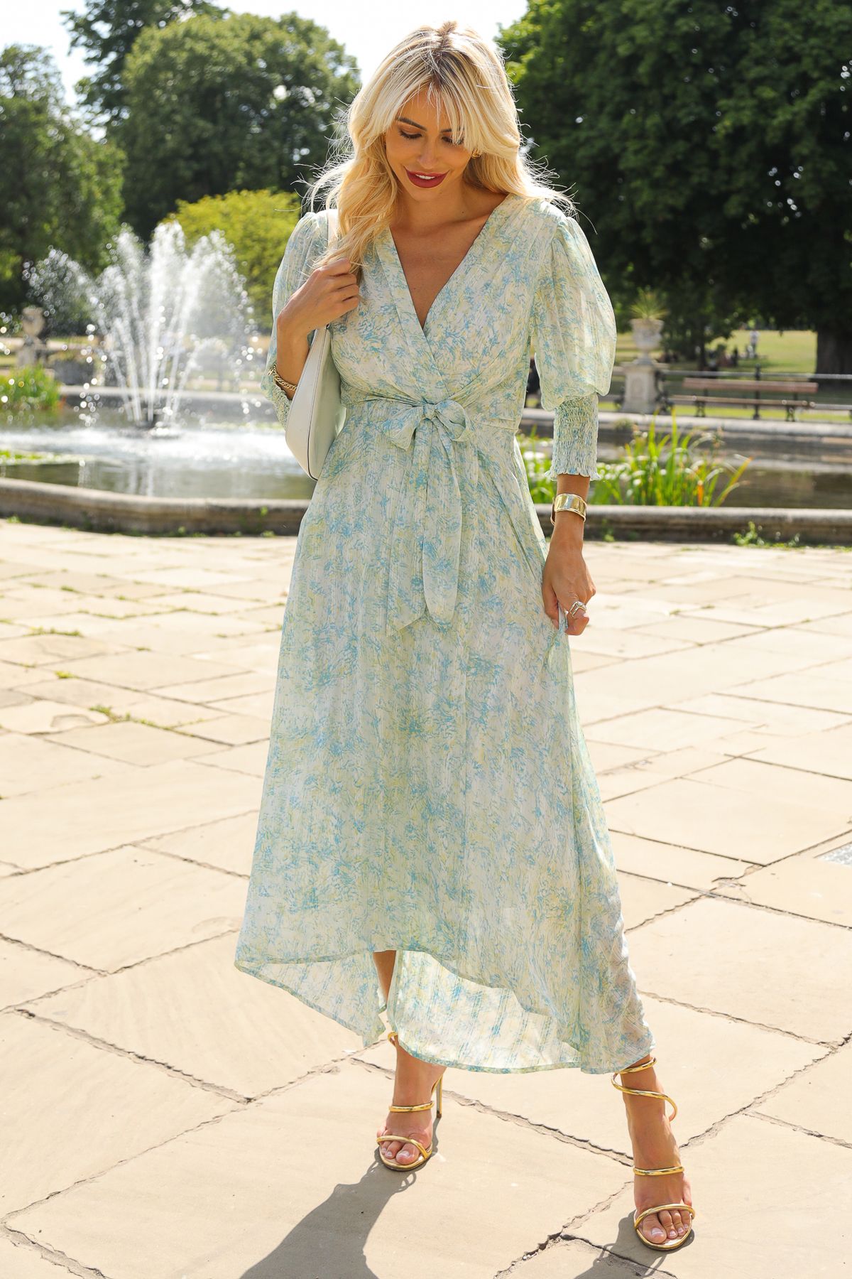 Jolie Moi V Neck Tie Waist Puff Sleeve Maxi Dress