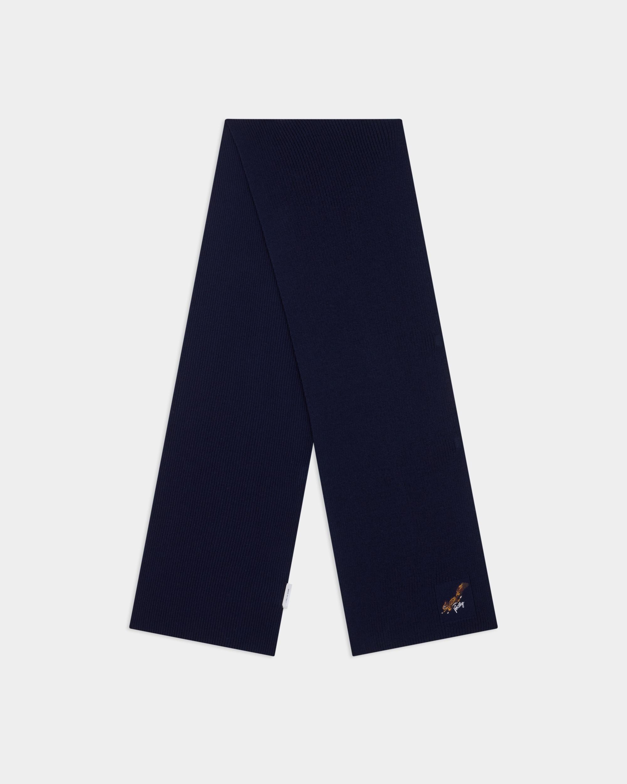 Weihnachtsschal aus Wolle in Marineblau mit Bally-Logo und Eichhörnchen