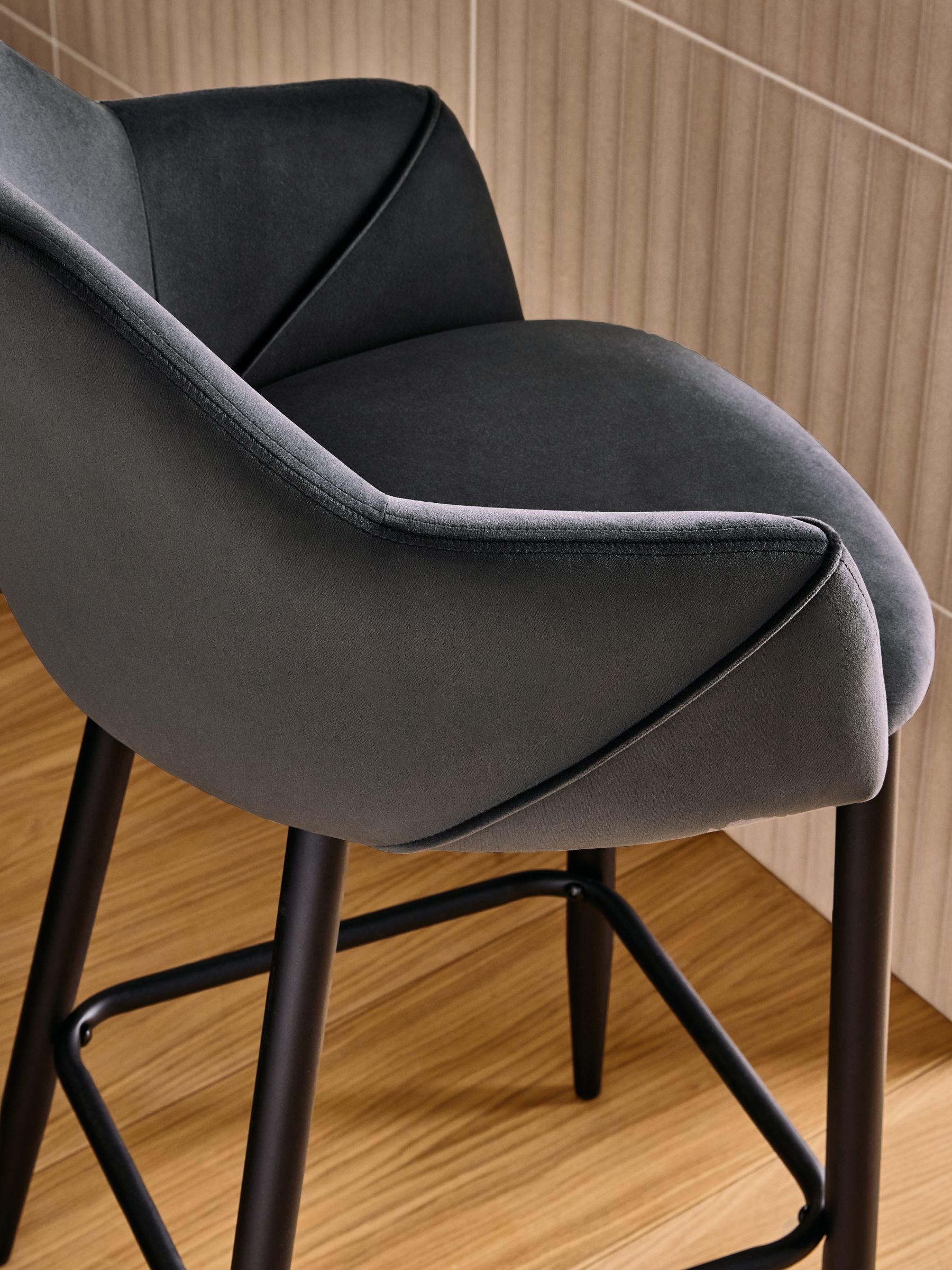 Lule Bar Stool in Charcoal Grey Velvet and Black Legs