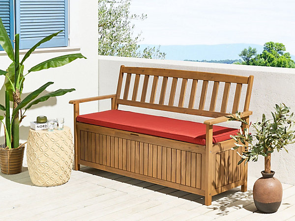 Banc avec coussin d'assise SOVANA 160 cm avec rangement Acacia Rouge