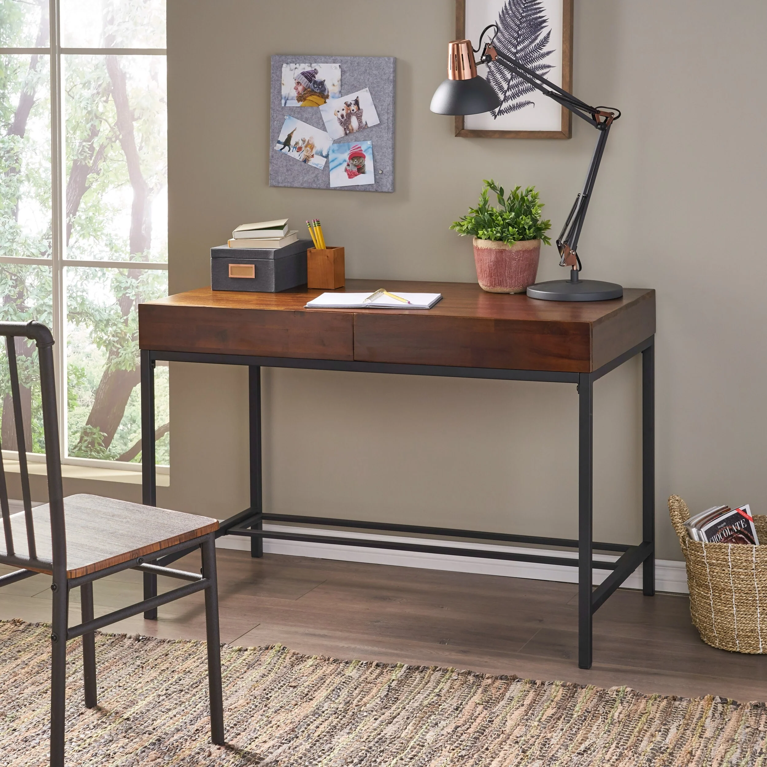 Industrial Office Desk Storage Desk Computer Desk with 2 Large Drawers and Metal Legs, Acacia Wood Top