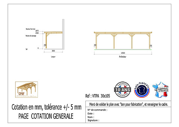 Carport adossé toit plat 300cmx1050cm, bois DOUGLAS Français (Charpente en bois-auvent-abri voiture) 32 m². Garantie 10 ans