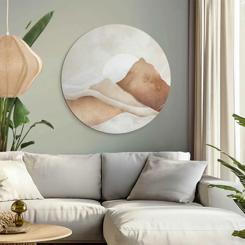 Glasschilderij Zon achter de bergen - &Oslash; 70 - Beige