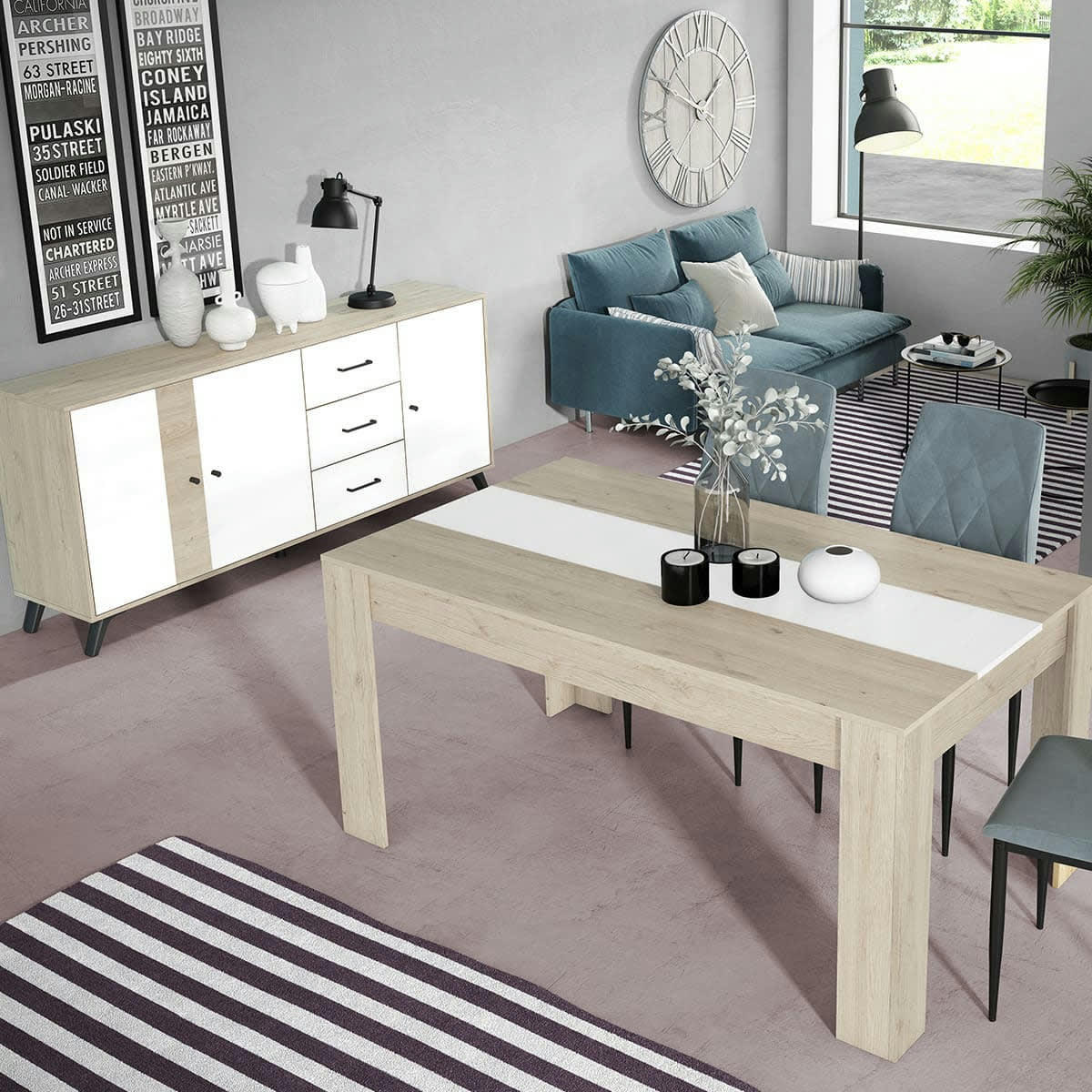 ARIZONA - Buffet 3 portes 3 tiroirs blanc et effet bois 180 cm