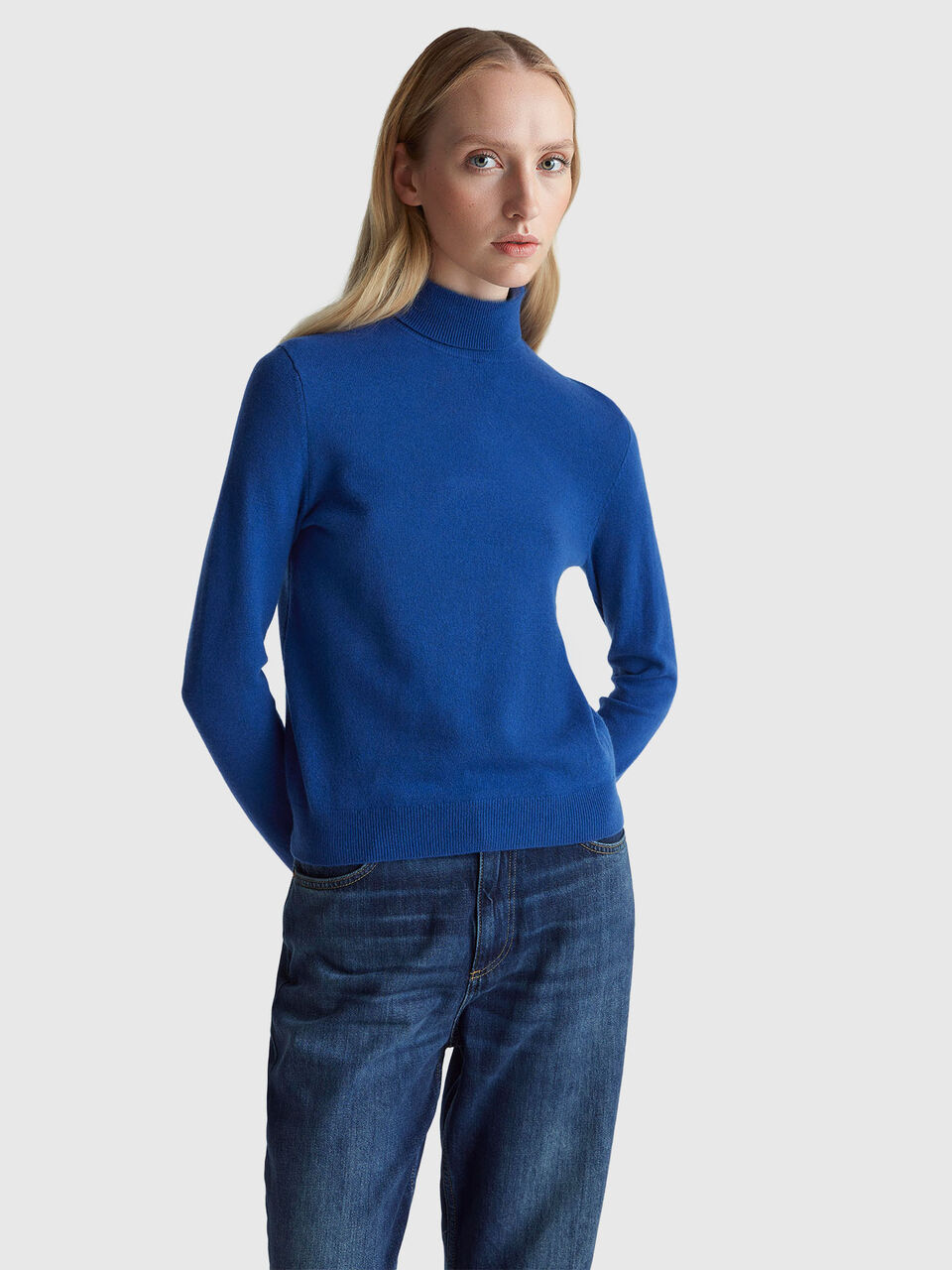 Blue turtleneck sweater in pure Merino wool