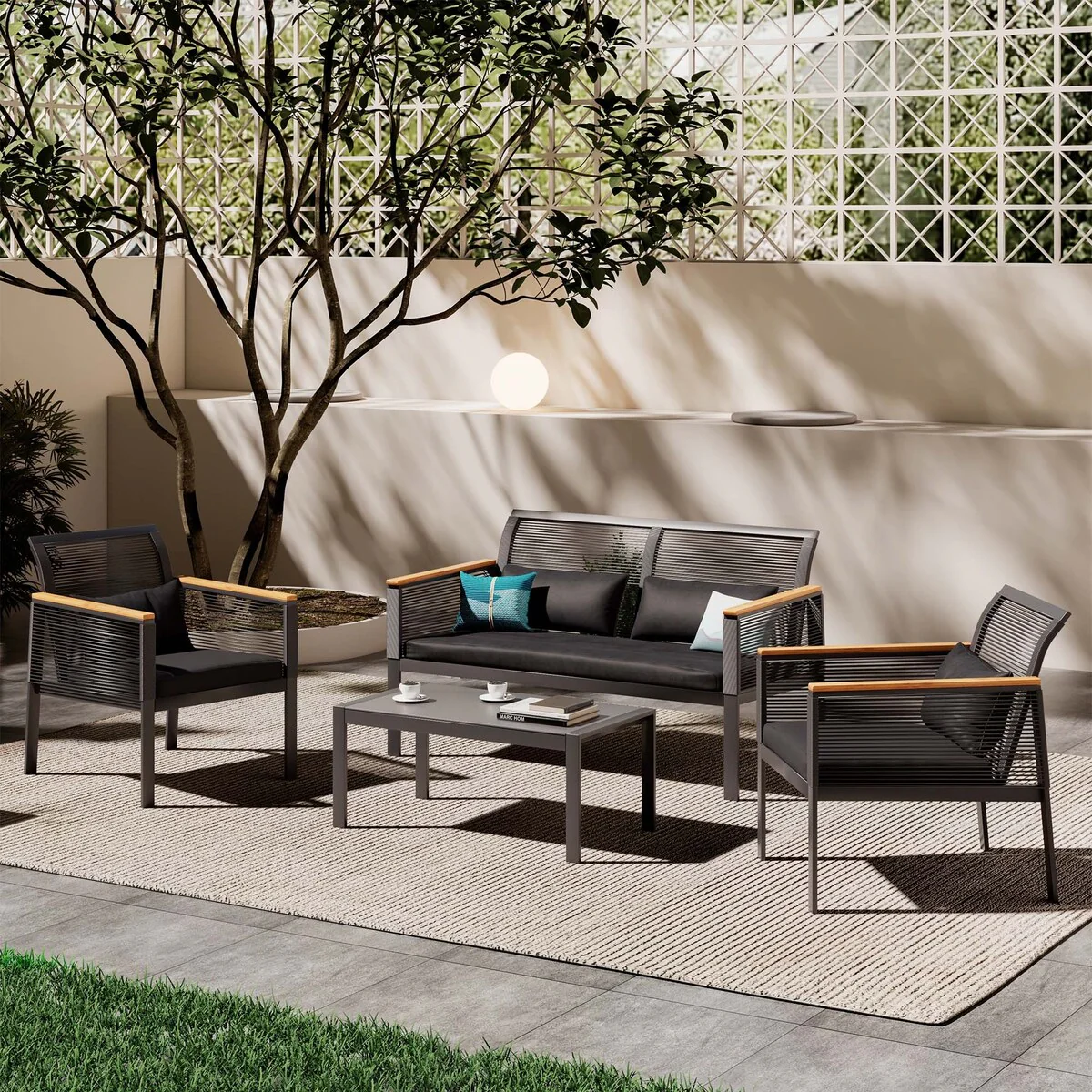 Patio Furniture Set - 4 Piece All Weather Wicker Patio Conversation Set Black Outdoor Sofa Set with Washable Cushions and Chairs