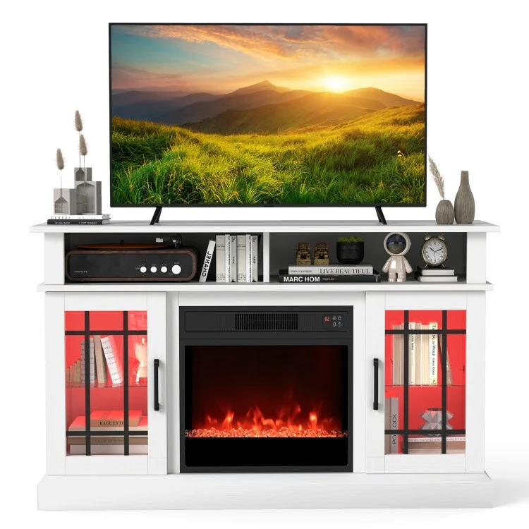 MDF Fireplace TV Stand with RGB LED, Remote and Storage - 48 L x 16 W x 29 H