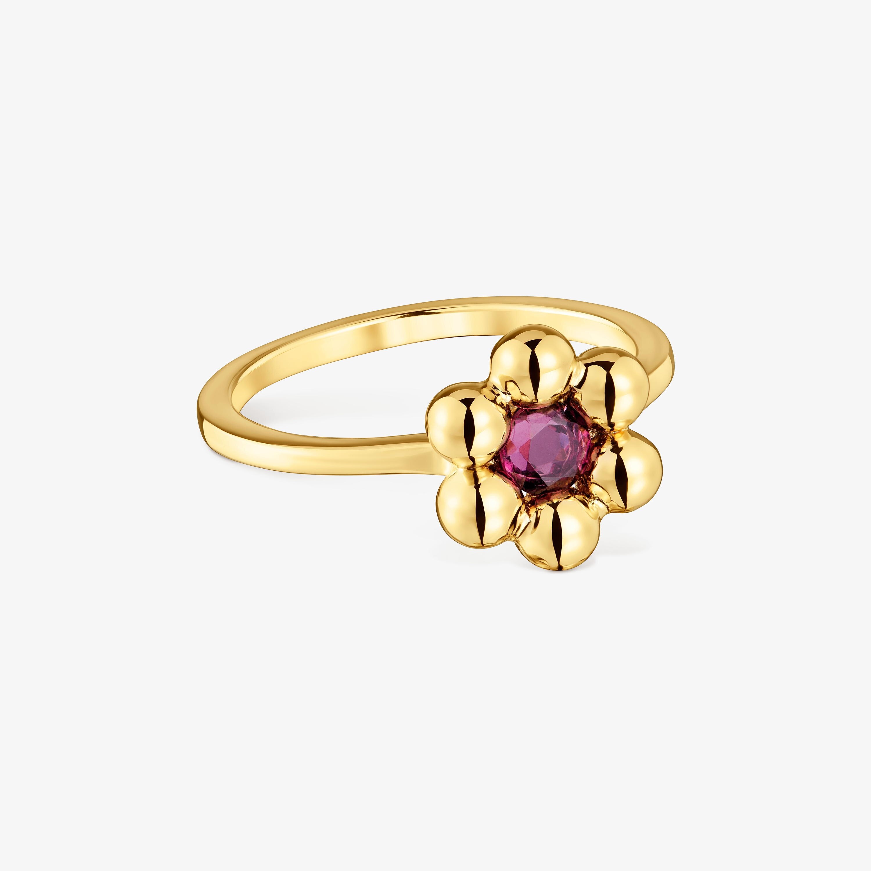 Anillo pequeño flor con baño de oro 18 kt sobre plata y rodolita Sugar Party