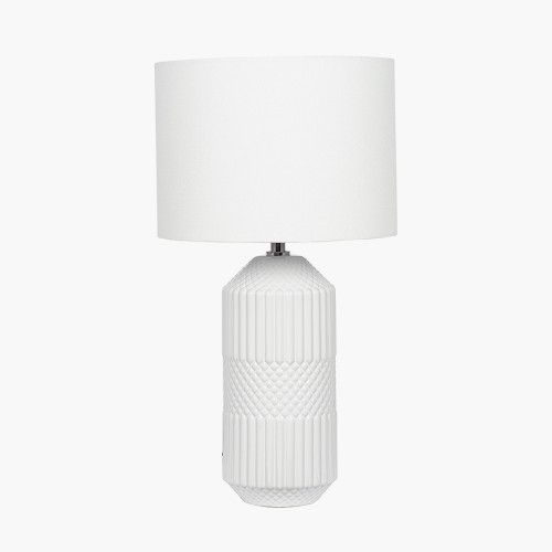 Ruma Grey Tall Geometric Textured Tall Ceramic Table Lamp Embossed Pattern