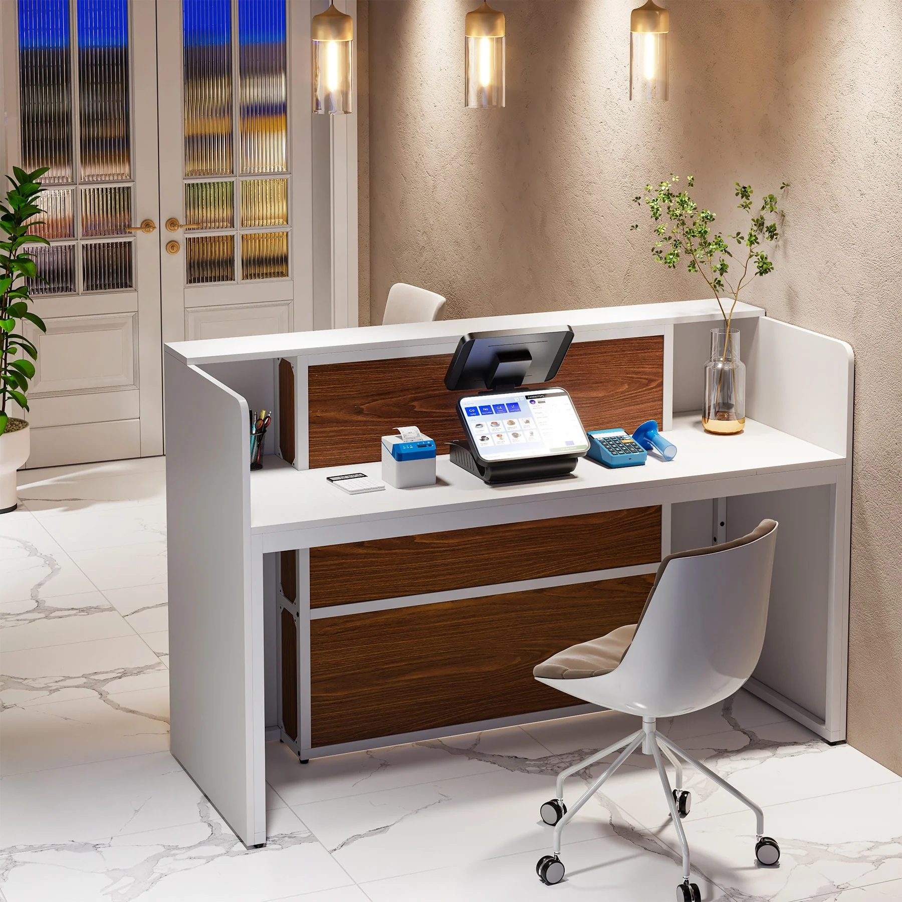 63 Inch LED Reception Front Counter Desk Table with Private Panels for Check Out Retail,Store Office Lobby Shop Clinic