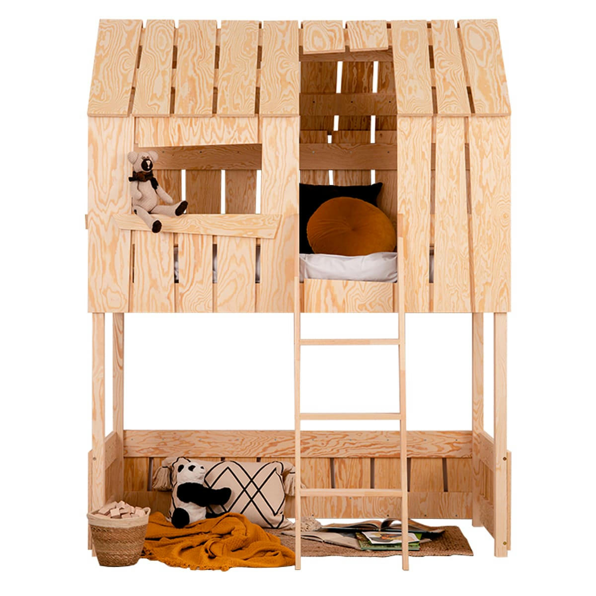 LUCAS - Lit cabane mi-hauteur 90x190 sommier inclus naturel