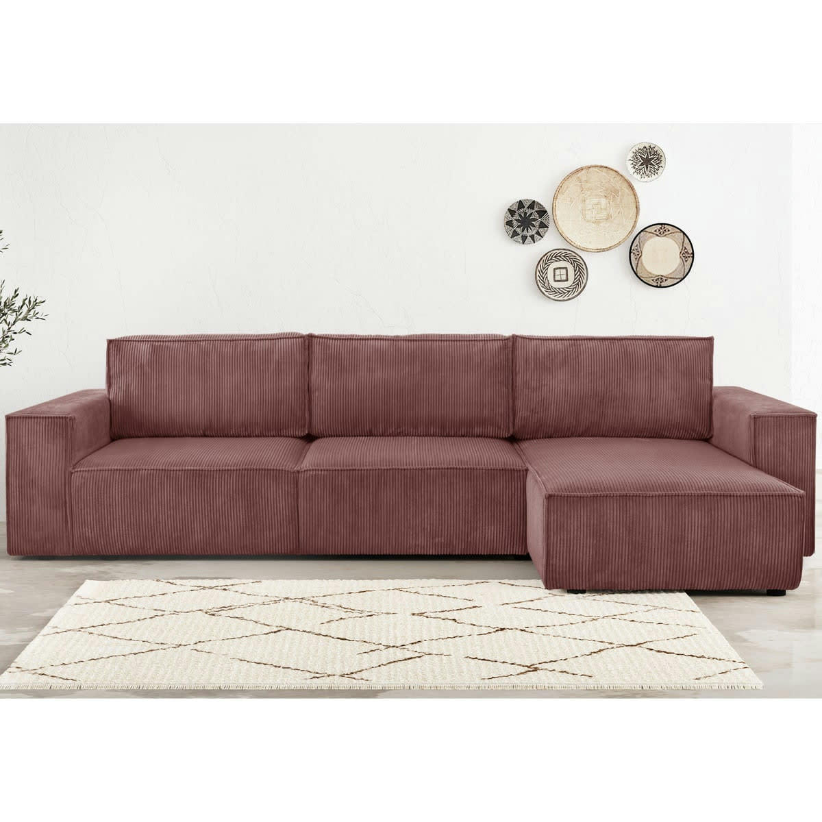 HARPER - Canapé angle convertible réversible 5 places velours côtelé vieux rose