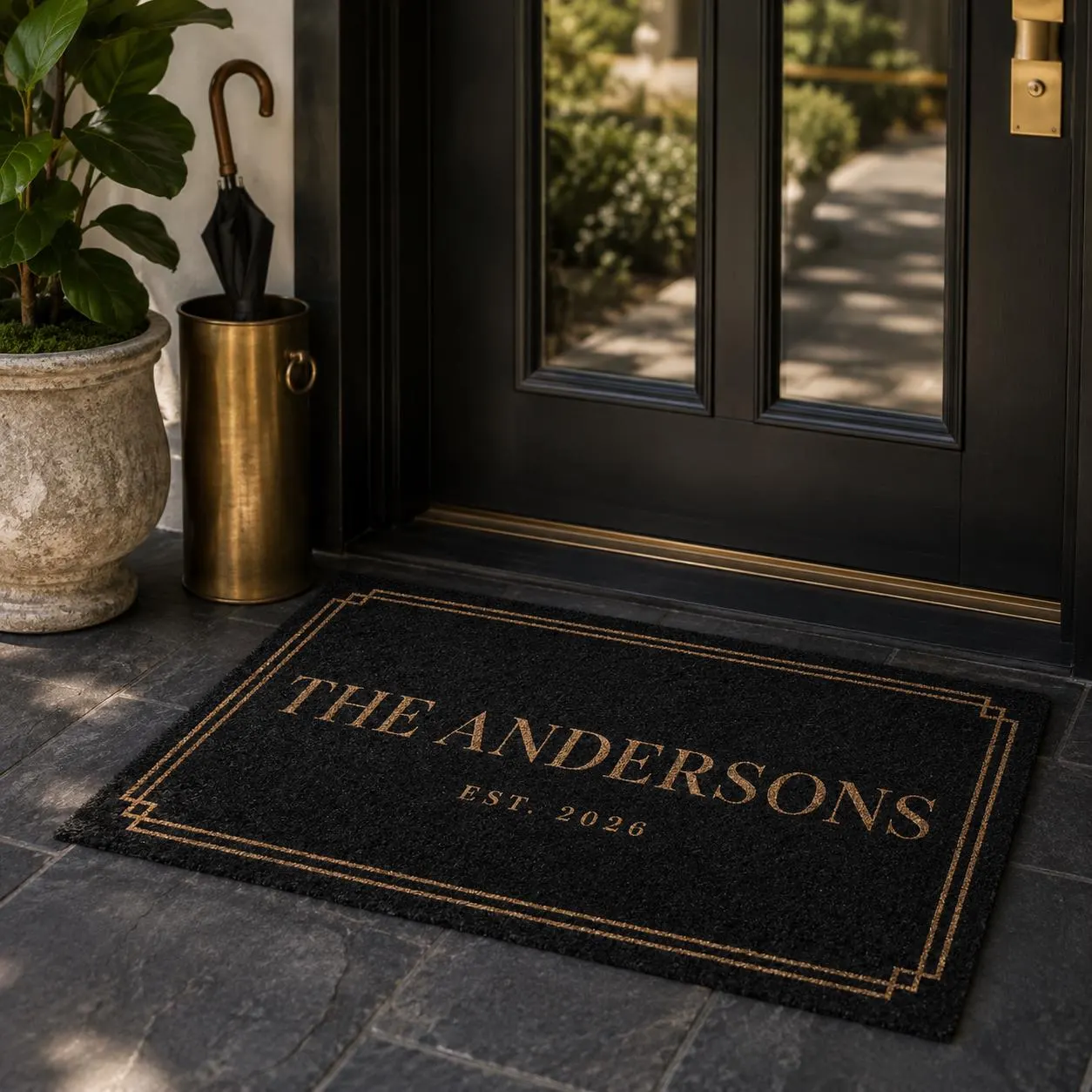 Personalized Black Gold Doormat, Custom Family Name Faux Coir Mat with Est Year, Housewarming Wedding Gift