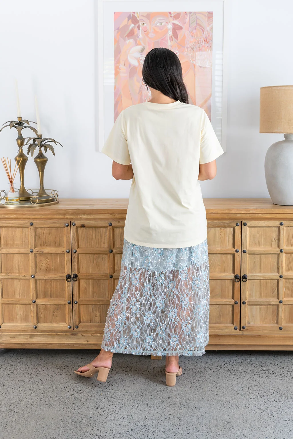 Zena Embelished Skirt in Grey/Blue Lace