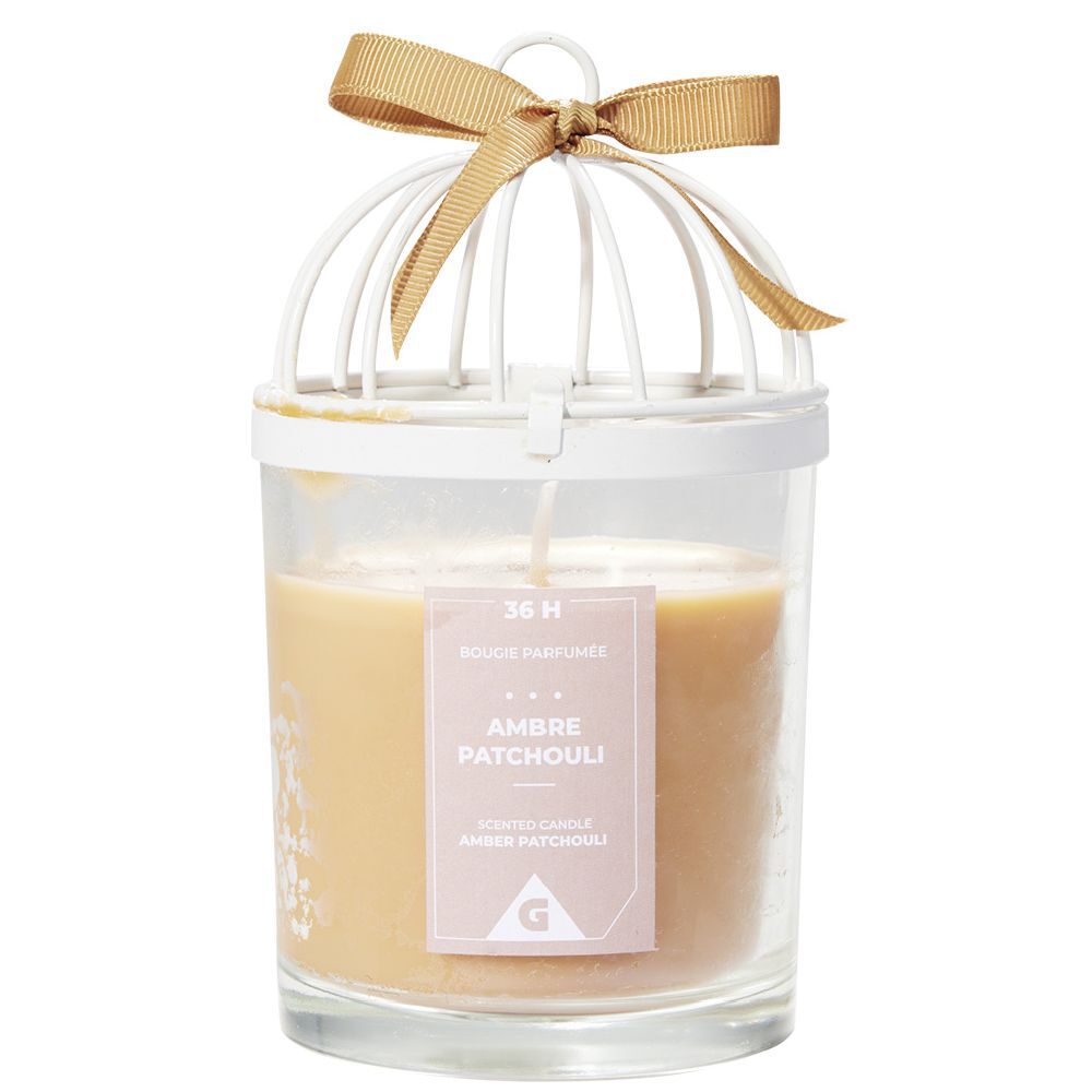 Bougie cage à oiseau grise senteur ambre patchouli 36H