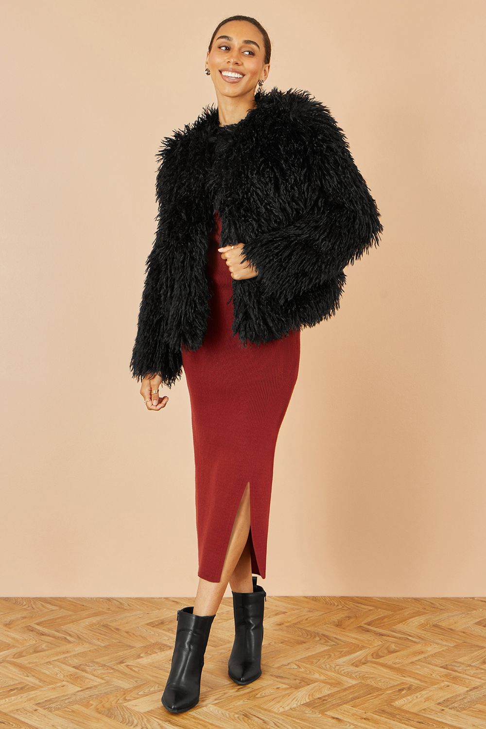 Yumi Black Fluffy Faux Fur Jacket