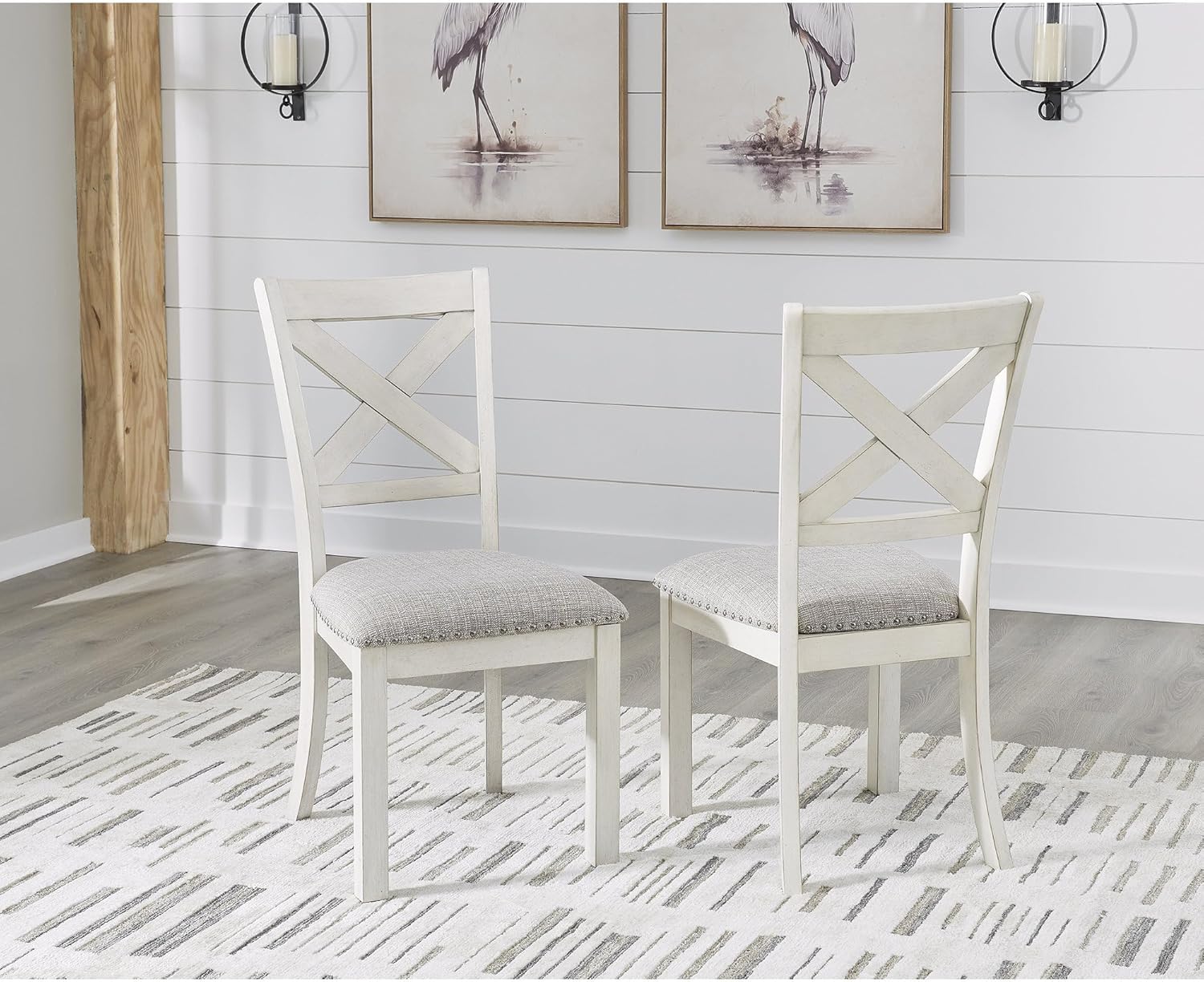 Signature Design by Ashley Robbinsdale Classic Upholstered Dining Chair with Cushion and Nailhead Trim, Set of 2, White & Light Gray