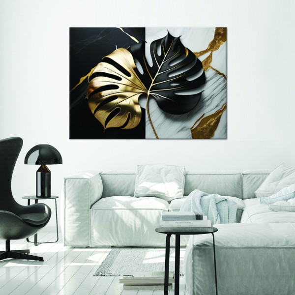 Feeby Obraz na płótnie, Monstera Złoto-Czarna Na Biało-Czarnym Tle 60x40