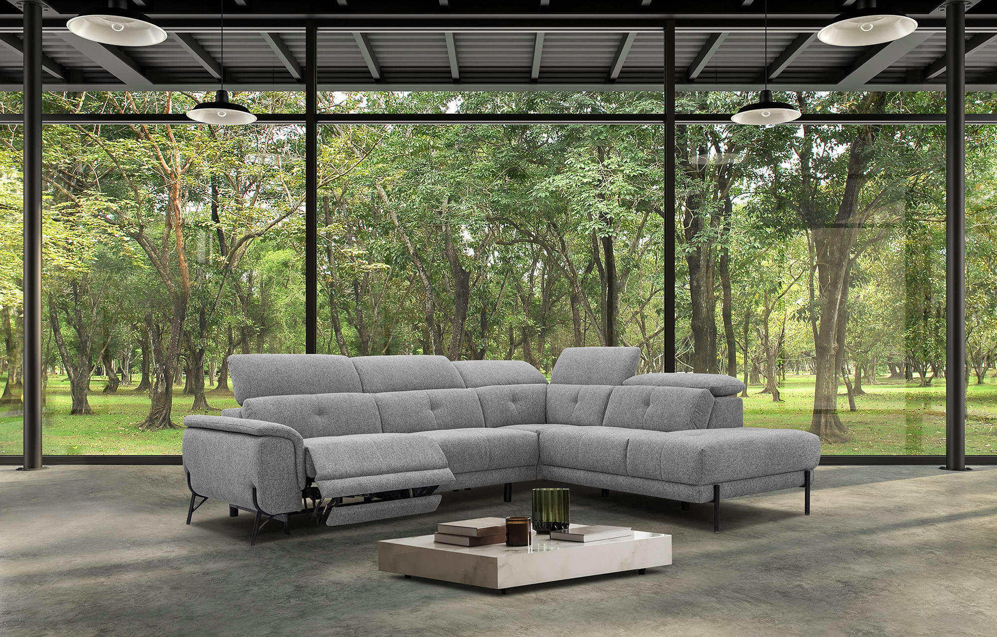 AVENA - Canapé d'angle droit 5 places avec une relax électrique tissu gris