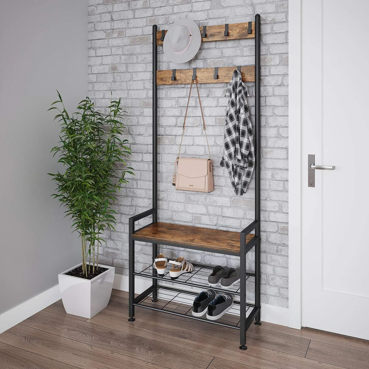 Entryway Coat Rack with Shoe Bench, 3-in-1 Hall Tree & Shoe Rack Storage, Black Steel Frame with 9 Adjustable Metal Hooks