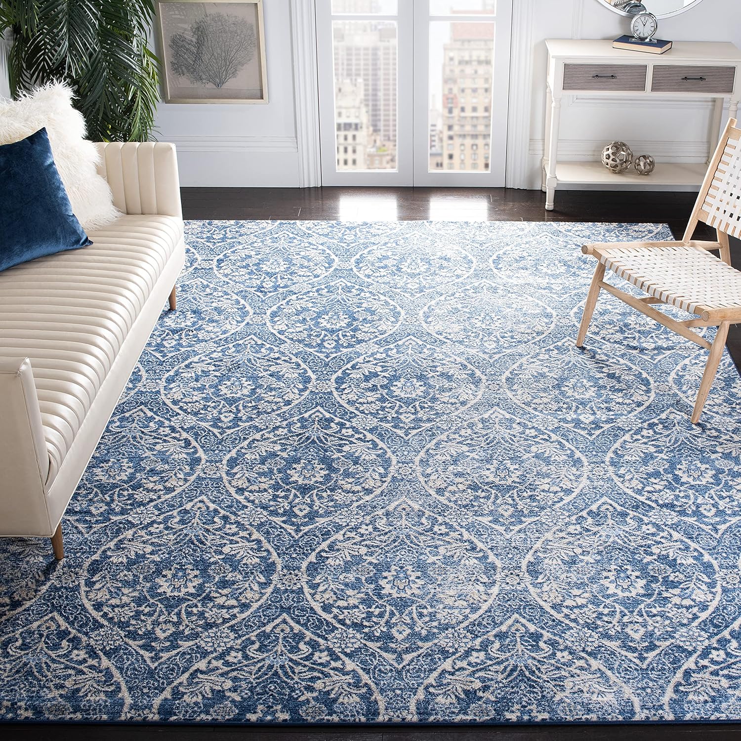 SAFAVIEH Brentwood Collection Area Rug - 10' x 13', Navy & Light Grey, Floral Damask Ogee Trellis Design, Non-Shedding & Easy Care, Ideal for High Traffic Areas in Living Room, Bedroom (BNT860M)