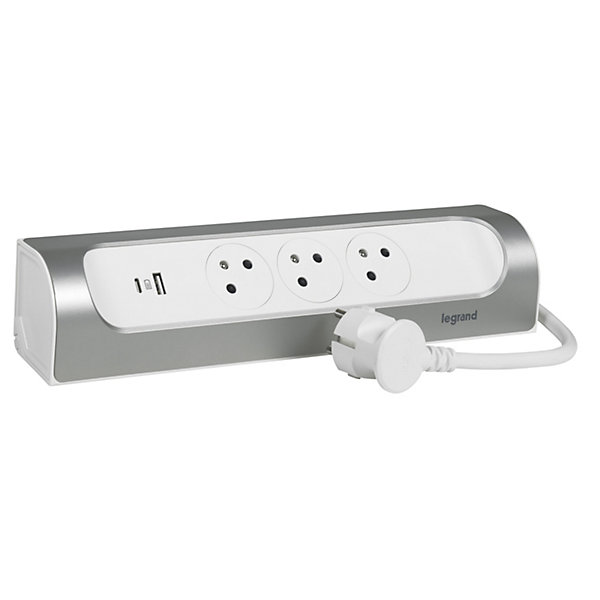 Multiprise 3 prises   1 x USB-A   1 x USB-C Legrand blanc et aluminium 1 m