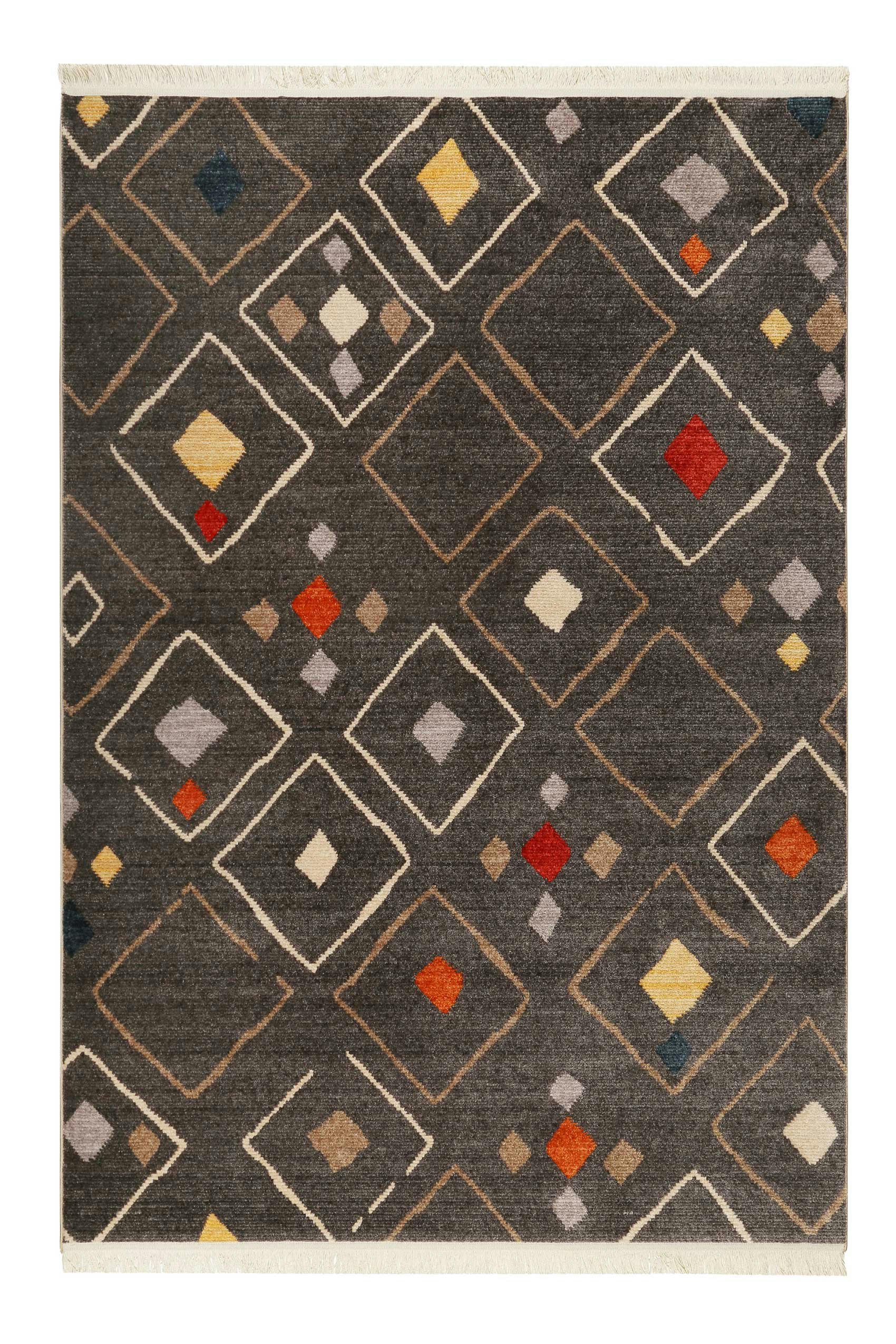 MONT ROYAL - Tapis tissé ethnique chic à franges multicolore fond gris 160x225