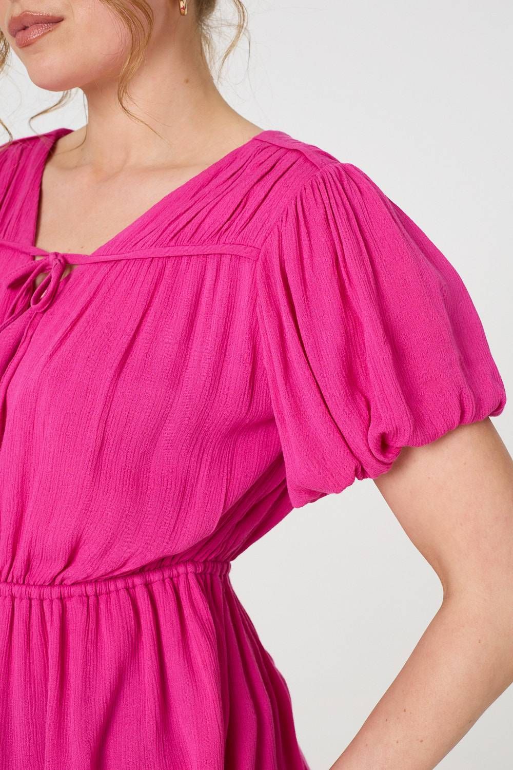 Izabel London Ruched Short Puff Sleeve Peplum Blouse