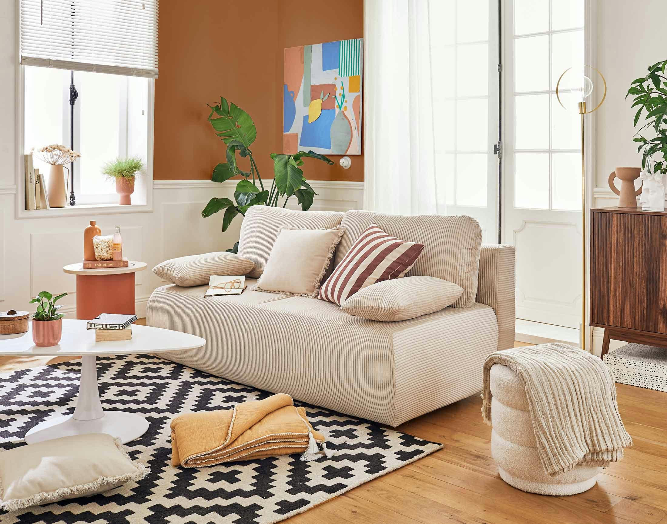 LOUTRO - Canapé droit convertible 3 places en velours côtelé beige