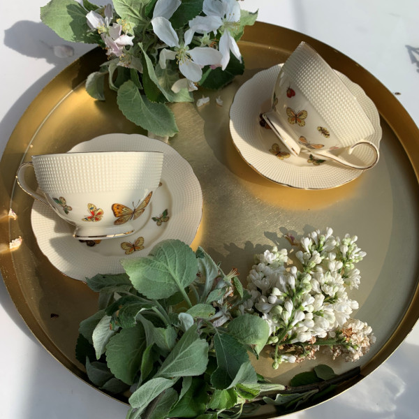 Zestaw 2 Filiżanek do Espresso Ecru Motylki 125 ml Porcelana ze spodkami