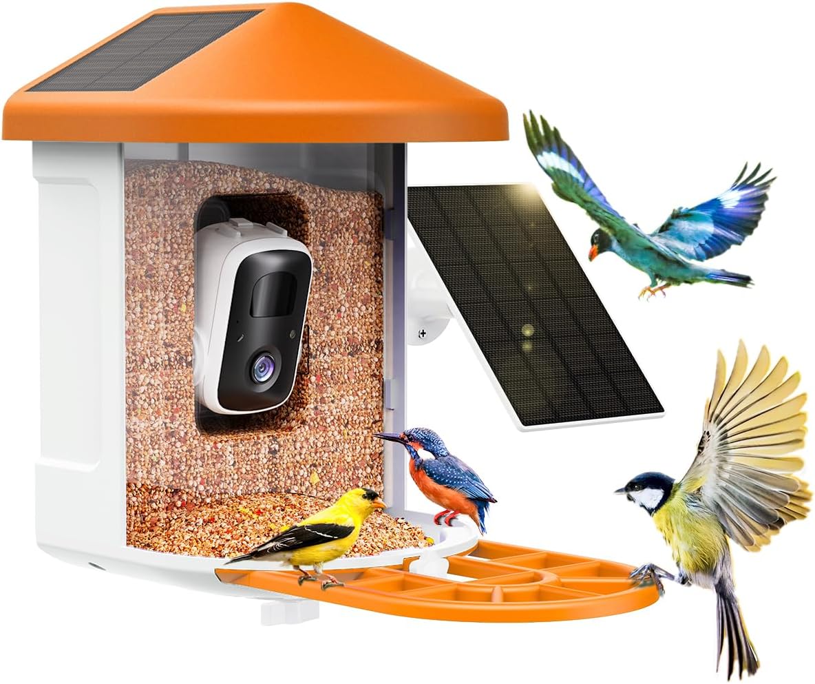 Bird Feeder with Camera with AI Identify Birds Species Solar Panel, Smart Bird House with Cam, 2K Live View, Instant Arrival Alerts(Orange/Bird Feeder Camera(Orange))