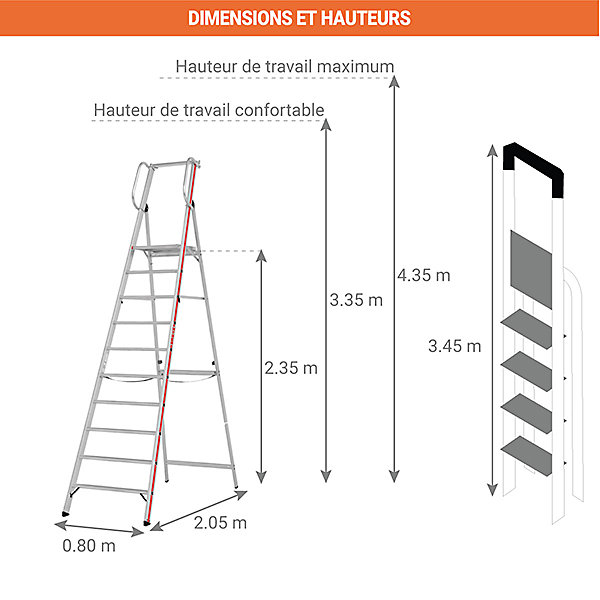 Escabeau 10 marches grande plateforme - Hauteur max. de travail 4.35m - 8080/10