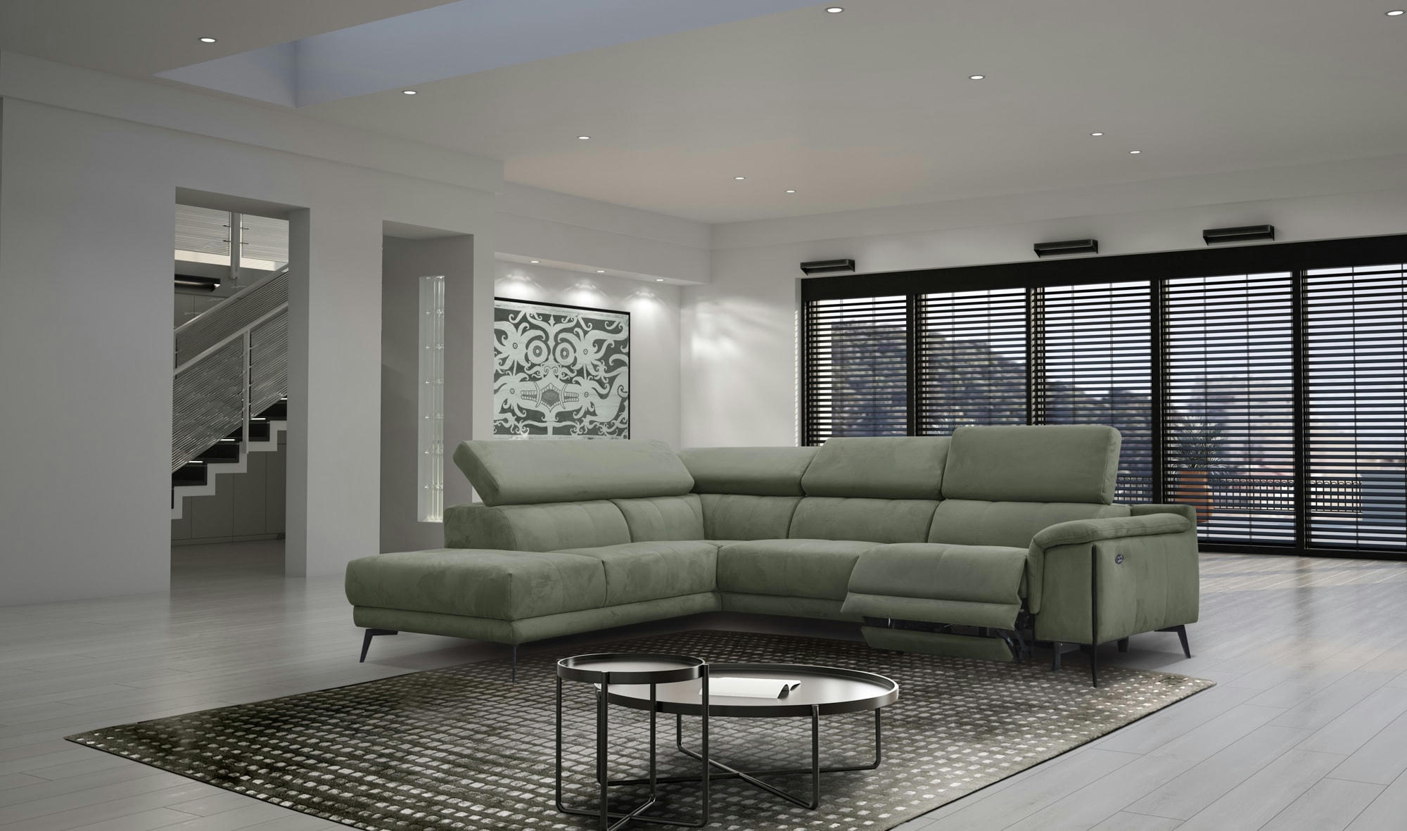 MATERA - Canapé d'angle droit 5 places avec une relax électrique, Tissu Vert