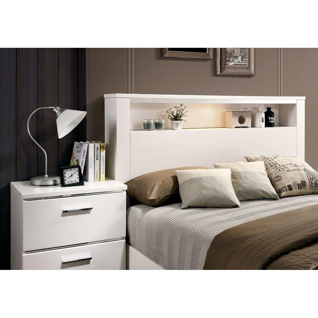 Contemporary 1pc Nightstand High Gloss Lacquer Coating Chrome Handles and Feet Bedside Table w USB Charger Bedroom Furniture