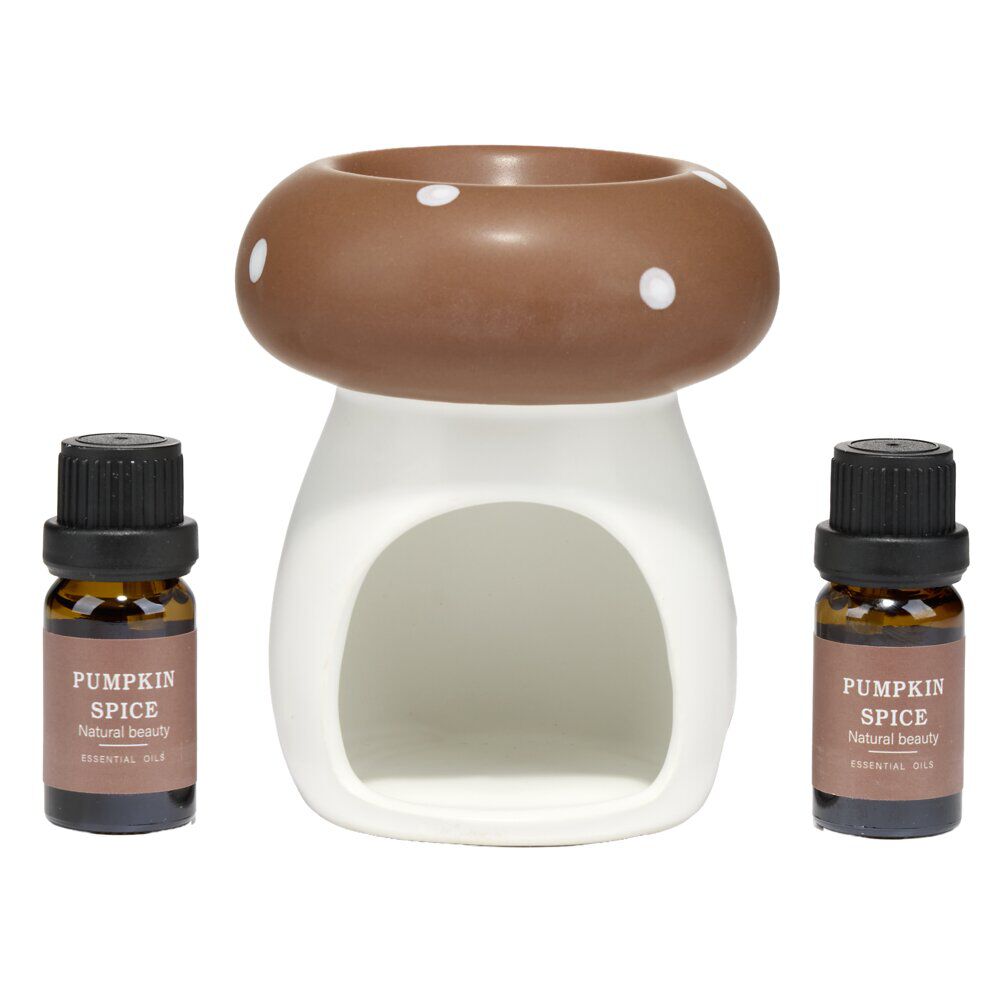 Br&ucirc;leur de parfum céramique forme champignon blanc et marron Ø8xH11cm