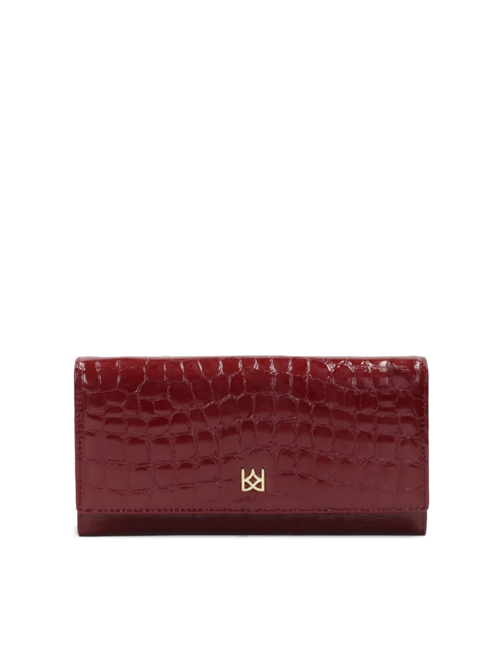 Maroon patent wallet with embossed pattern