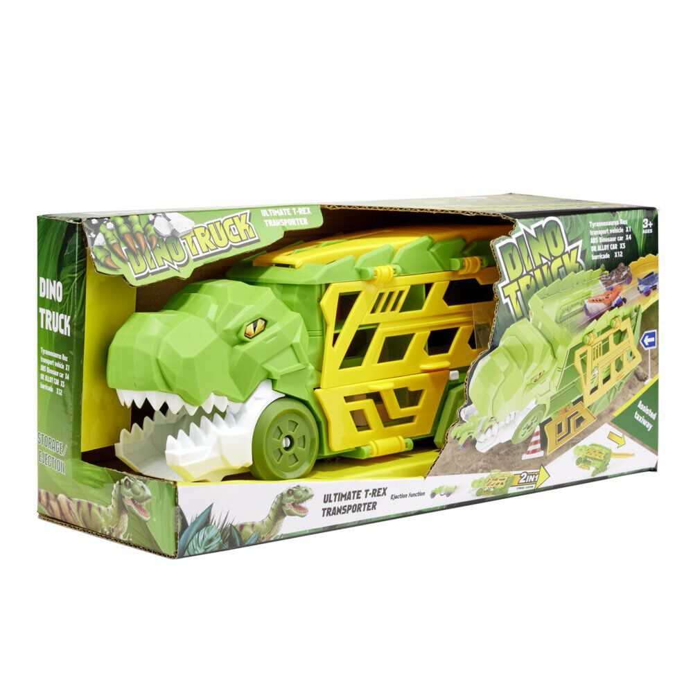 Camion transporteur dinosaure avec 4 véhicules vert 44x29xH19cm
