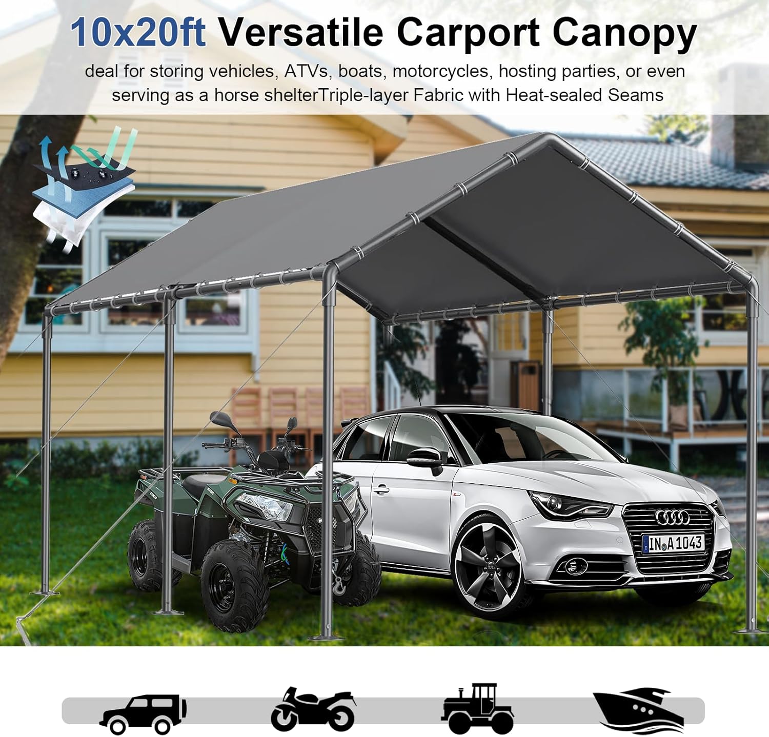 Outdoor Carport 10x20ft Heavy Duty Car Tent, Portable Garage Canopy Storage Shed, All-Season Tarp Tent for Car, Party (GY)