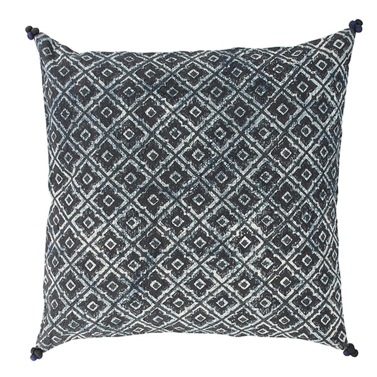 WILD - Coussin en coton bleu et noir avec pompons 45cm