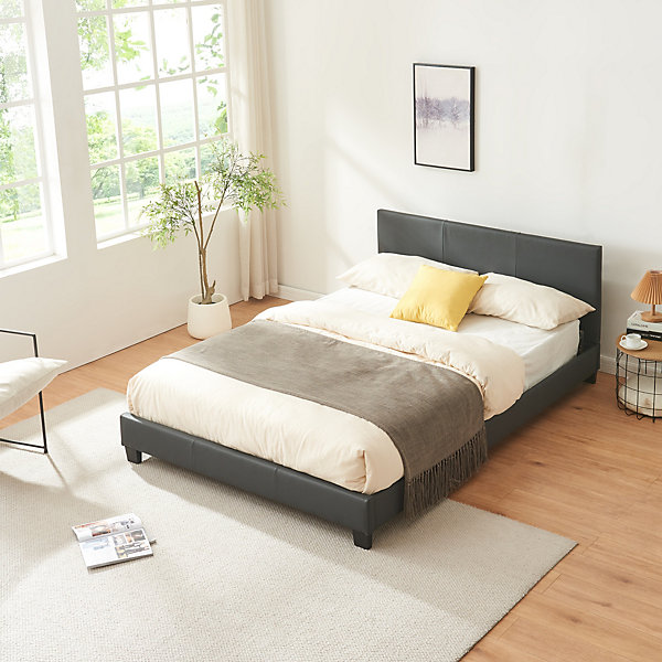 Lit Double Rembourré Albacete Sommier à Lattes Similicuir 140 x 200 cm Gris Foncé Corium