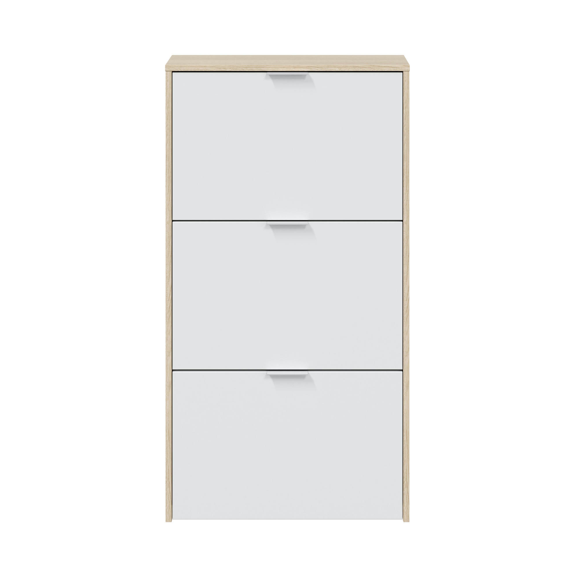 ESCONDIDO - Meuble à chaussures avec 3 portes effet bois chêne et blanc brillant