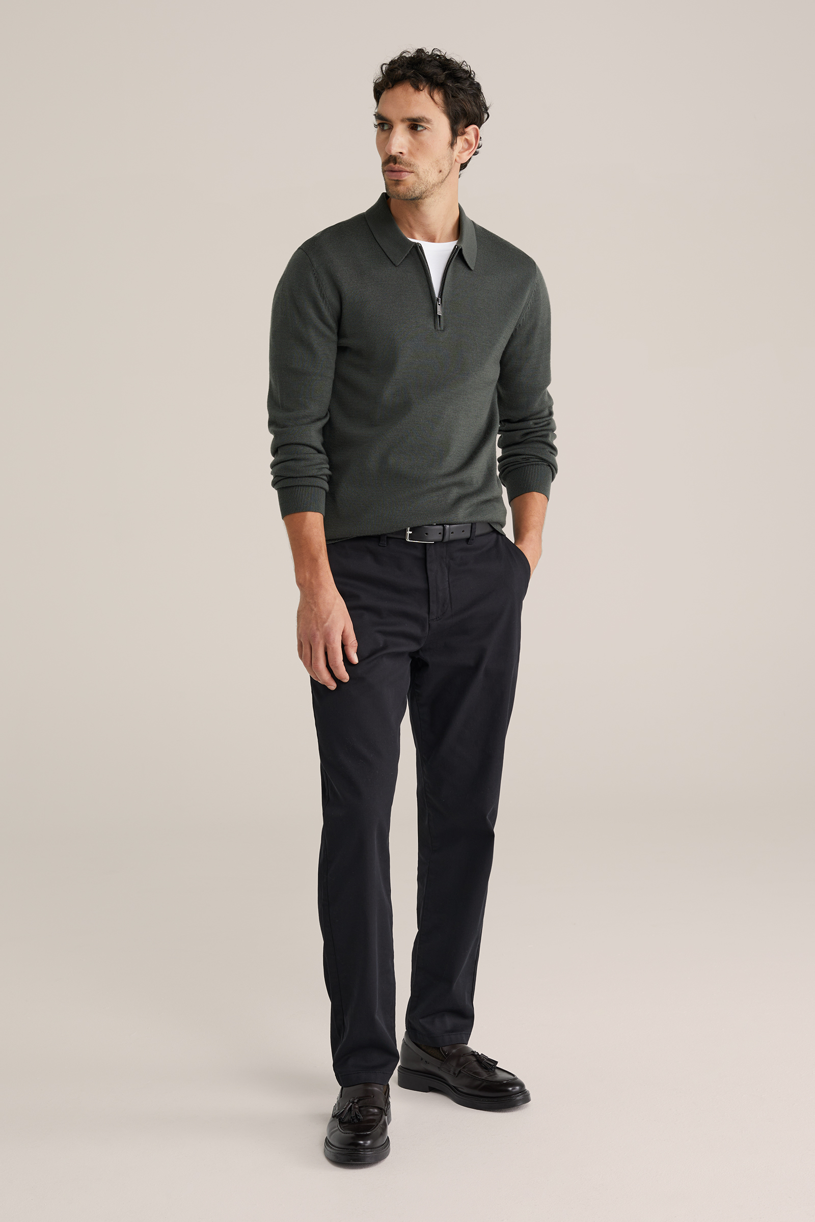 Heren Regular fit polo van merinowol met quarter-zip