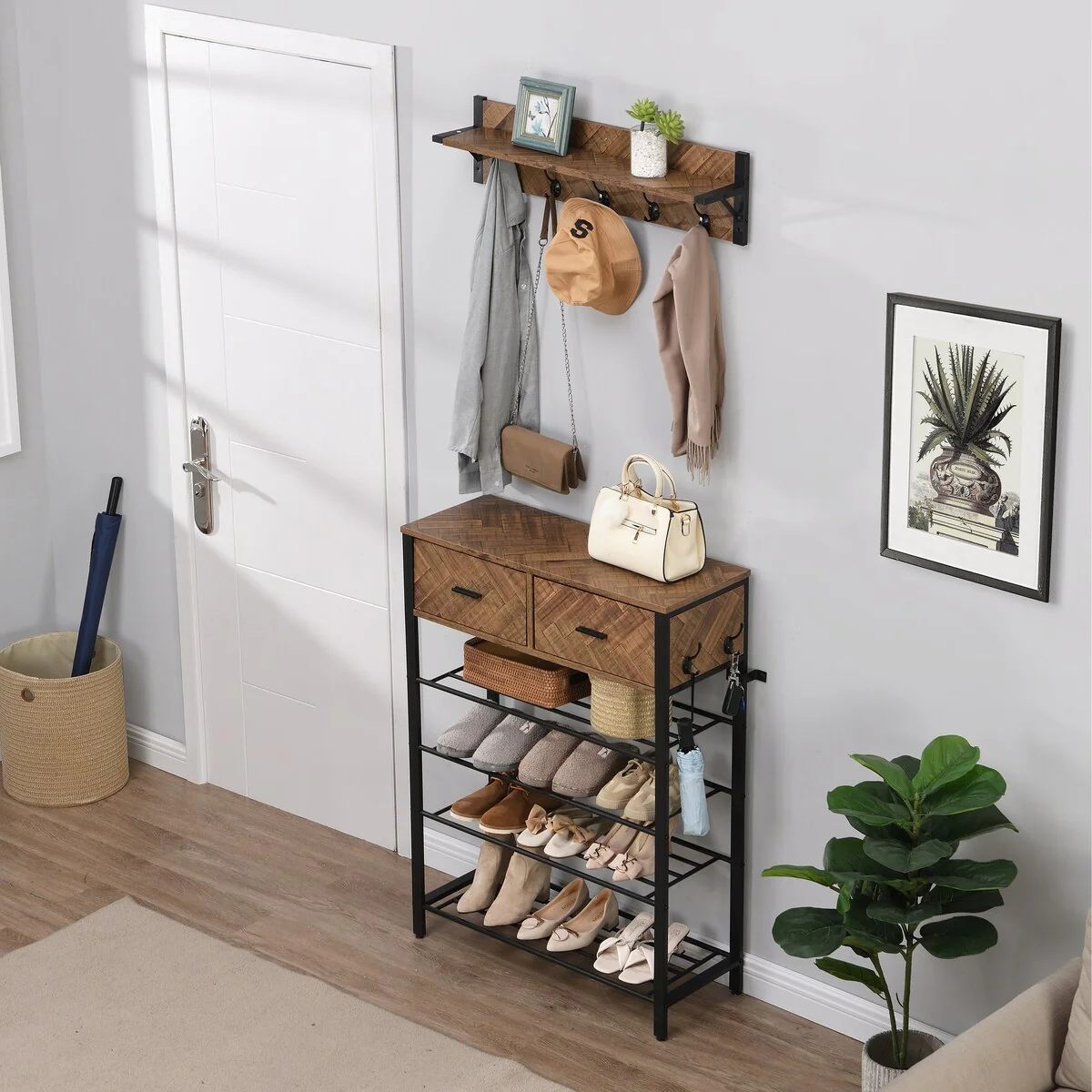 One Set Entryway 4-tier Metal Shoe Rack with Hall Tree