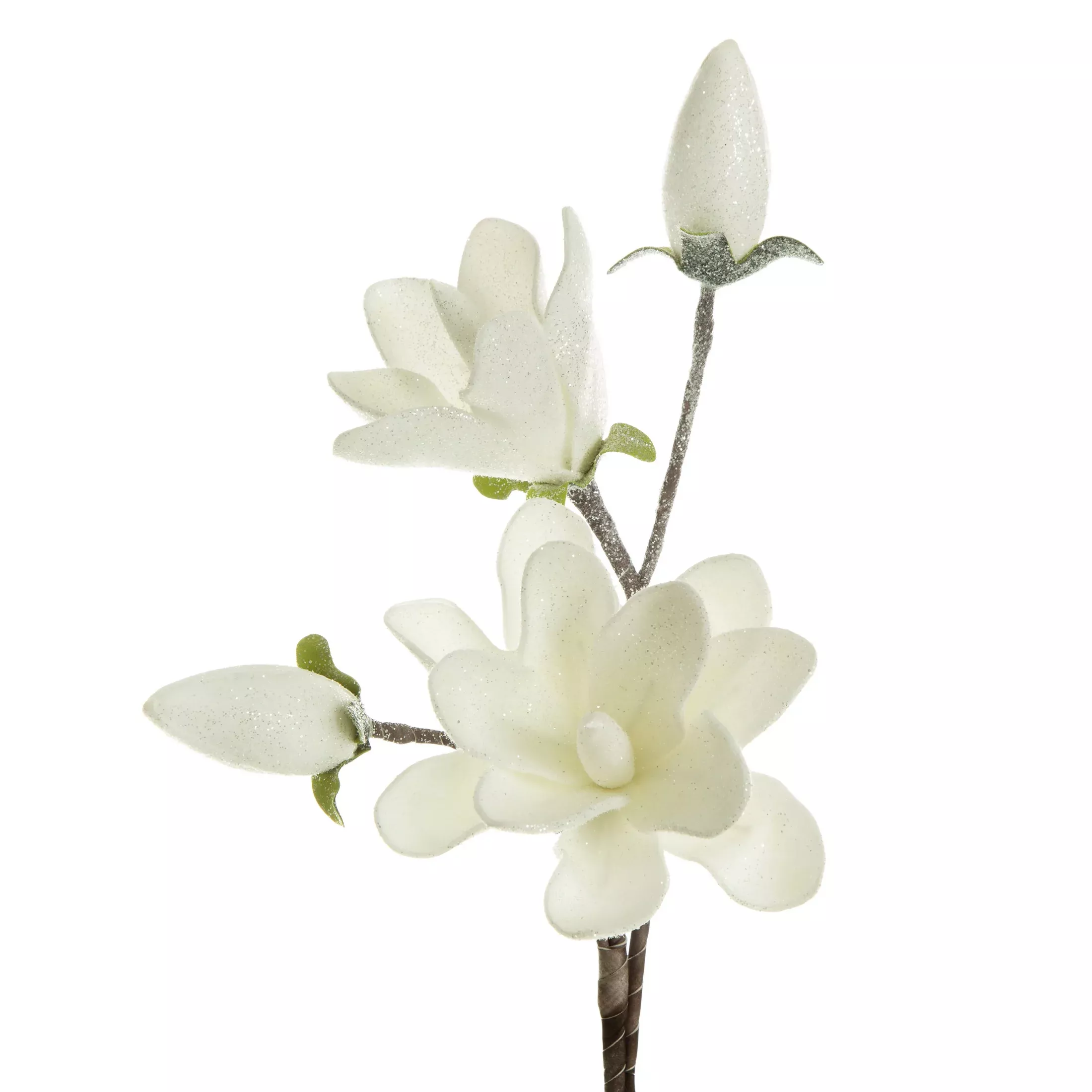 Kwiat sztuczny magnolii biało, srebrny oprószony brokatem z plastycznej pianki foamiran 59 cm
